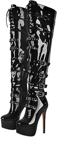 richealnini Women's Platform Thigh High Boots with Zipper Stiletto Heel Over the Knee High Boots Lace Up Punk Motorcycle Boots Buckles Chains Rivets Ornamented Long Shaft Sock Boots Party Black Size 13