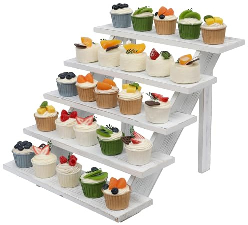 SwallowLiving 5 Tier Wooden Rustic Cupcake Stand for 30 Cupcakes, Stepped Wood Display Stand for Weddings, Tiered Party Table Display Riser for Food , Dessert, Cookie, Decor, Craft Show, White