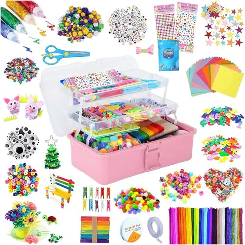 zycBernoi 2100+ Bastelset Kinder, Basteln Kinder Mädchen Jungen, Pfeifenreiniger Bunt Bastelkoffer Kinder, DIY Set für Kinder Zum Basteln und Dekorieren (Pink)