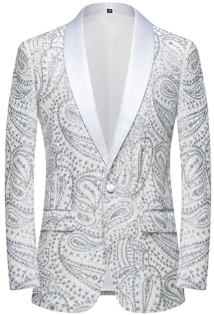 PYJTRL Glänsande paljetter kostymjacka klassisk blommig kostym jacka mode, lämplig för fester, bröllop, banketter, baler, Vitt, 3XL