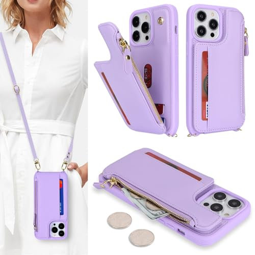 Sailortech Custodia per iPhone 15 Pro Max in Pelle Portafoglio con porta carte di credito, Cover per iPhone 15 Pro Max Cellulare Regolabile Collana con slot per carte di credito - Viola