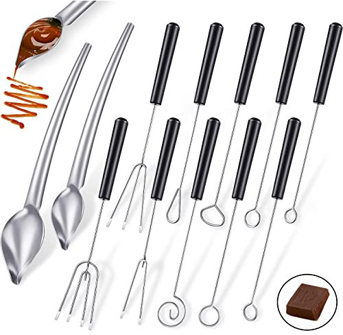 12Pcs Chocolate Dipping Set, Stainless Steel Dipping Fork Set, Cheese Fondue Forks Tools with Heat Insulation Handle, Roasting Sticks Marshmallow for Fruit Candy Cake
