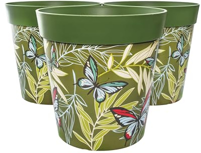 Hum blomkrukor, 25 cm set med 3, olika mönster färger och storlekar, inomhus/utomhus plastväxtkrukor (gröna fjärilspalmer)