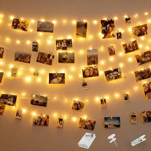 kolpop 5M 50LEDs Fotoclips Lichterkette mit Timer, Warmweiß Zimmer Deko Fotos Wand mit 30 Klammern Bilder für Wohnzimmer, Weihnachten, Hochzeiten, Party