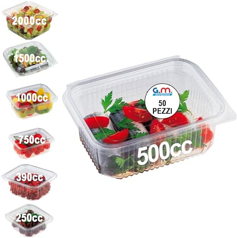 GM – 50 Vaschette Rettangolari Trasparenti OPS 500 cc con Coperchio Attaccato, Contenitori Ermetici Idonei al Contatto Alimentare per Gastronomia, Banco Frigo, Meal Prep e Pranzo – 13,5×12,5×5,5h cm