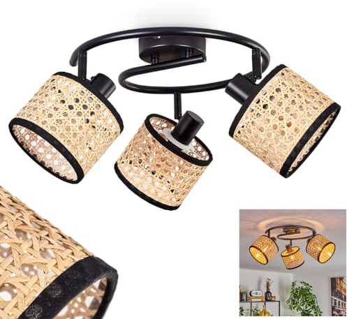 HOFSTEIN Deckenleuchte Ramila, verstellbare Deckenlampe aus Metall/Rattan/Wienergeflecht/Stoff in Schwarz/Natur, Leuchte im Boho-Design mit Lichteffekt, 3 x E14, Wohnzimmer, Esszimmer, Schlafzimmer