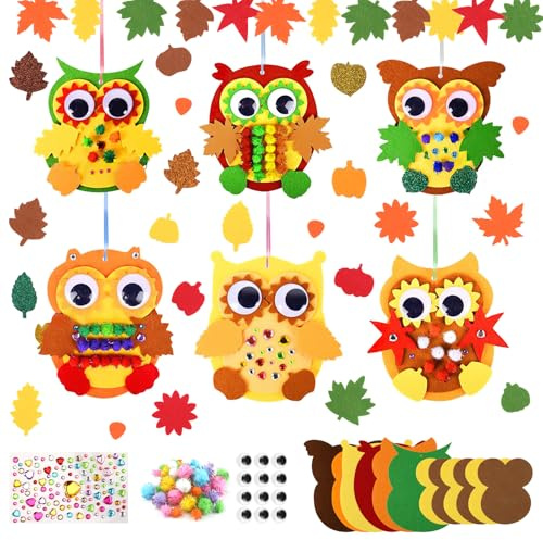 Deepton Eule Herbst Bastelset Kinder, Bastelsets für Kinder Eulen Deko, 6 Stück Filz Herbst Bastelset Set für kinder 3 4 6 jahre, Diy Owl Kreativset Filz Deko mit Ahornblatt für Thanksgiving