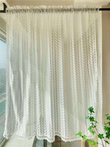 Vordesack Jacquard Scheibengardine mit Blattmuster 1 Stück HxB 120x100cm | Sanfte Spitzengardine Landhausstil mit Lochstickerei & Wellensaum Halbtransparente Gardine mit Stangendurchzug Weiß