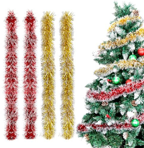 Sprinlot Guirlande Or Rouge Noël Tinsel, 8M Guirlandes Or et Rouge de Sapin Noel, Guirlandes Tinsel Métallique, Guirlande Fête de Noël Décoration