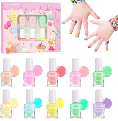 ALIKOSSTOR Kinder Nagellack - Schnell trocknende ungiftige Nagellack Set für Mädchen, 10 Pastell Macaron Farben Peel Off Wasserbasis Nagellack Spielzeug Kit für Kleinkind Teenager
