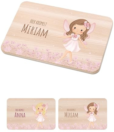 Bärenfreunde - Individuelles Holzbrett mit hochwertigem Spezial-Druck für Kinder - Personalisiertes Frühstücksbrettchen - Niedliche Motiv-Brettchen mit Namen (Fee braune Haare)