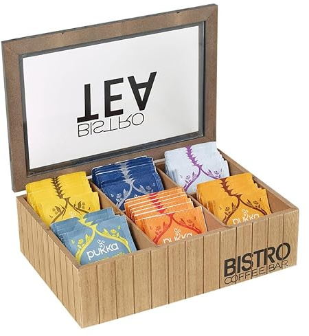 URBNLIVING 6/9 Premium Section Wooden Tea Storage Box with Space-Free Compartments, Clear Lid Tea Tidy Caddy Organiser for Kitchen Countertops, Cabinets, Pantry Bistro, Coffee, Snacks Storage