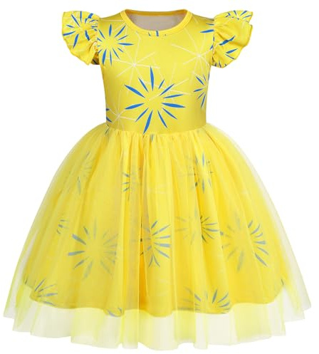 Febbabe Girls Emotion Dress Up Flutter Sleeve Kids Princess Tulle Tutu Dress Clothes Halloween Cosplay Outfits Yellow 3-4 Years