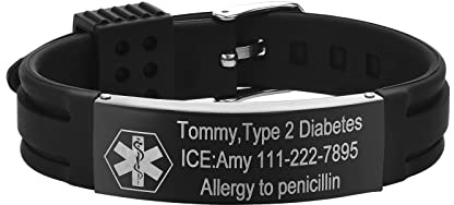 Gamtic Personalisierte Notfallarmband Medizinisches Armband - Verstellbares Wasserdichtes Silikonarmband, SOS Dringender Kontakt ID Armbänder mit Gravur fur Herren Damen