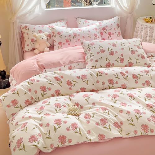 Covebett Bettwäsche 135x200 Rosa Weiß Blumen Blätter Botanisch Blumenmuster Wendebettwäsche Set Aesthetic Blüten Blumenwiese Pflanzenmuster Bettbezug Reißverschluss und Kissenbezug 40x80cm