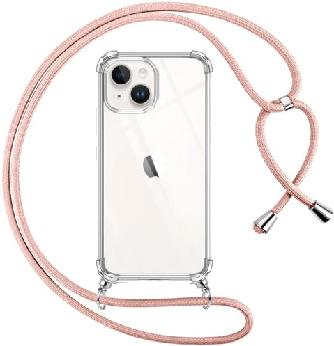 Pnakqil Cover per iPhone 13 mini con Cordino, Trasparente Custodia con Laccio Tracolla Cellulare Girocollo Collana Protettiva per iPhone 13mini 5.4, Rosa