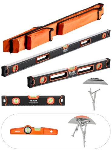 VEVOR Nivel de Torpedo 4 Piezas 250/400/600/1200 mm Regla de Viales de Burbujas con Luz Fluorescente para 45/90/180 grados Niveladora Magnética de Aleación de Aluminio, Solo 1200 mm Tiene Imán