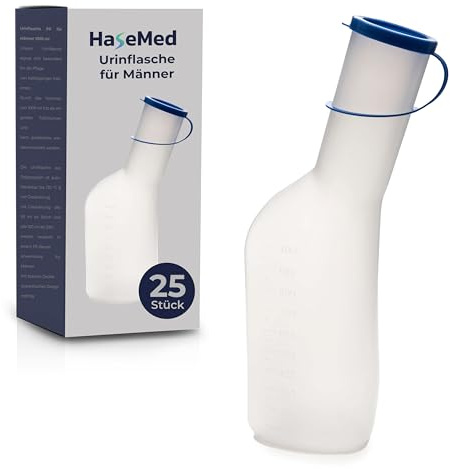 HaseMed urinflaska för män – 1 000 ml, med lock, 25 stycken | autoklaverbar upp till 130 °C, tillverkad av polypropen, läckagesäker och hygienisk – perfekt för vård, sjukhus och resor