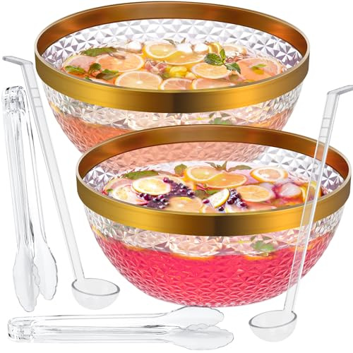NiHome Lot de 2 bols à punch en plastique transparent avec louche et pince pour fêtes, mariages, barbecues, 4 litres - Ensemble complet pour cocktails, salades, collations - Facile à nettoyer