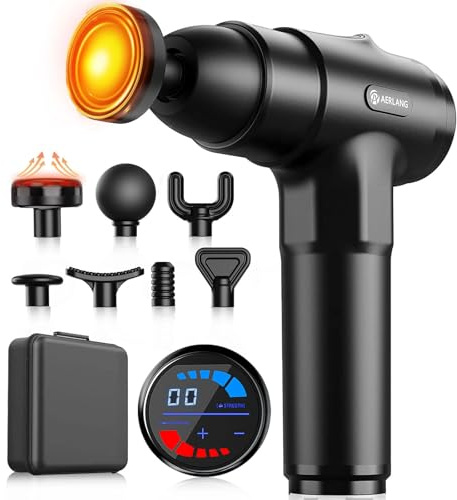 Pistolet de Massage,AERLANG Pistolet de Massage avec Chaleur,Masser les muscles,Silencieux Masseur dos et cervicales avec 20 Niveaux Réglables,Charge de Type-C, Cadeau Anniversaire Femme&Homme