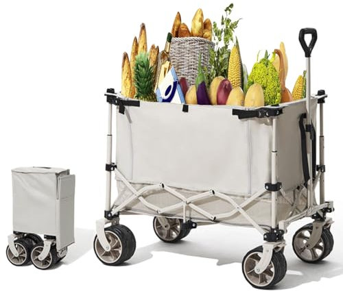 Chariot de Plage Pliable avec Freins 150KG 210L Chariot de Transport Pliable avec Poignée Réglable Chariot de Jardin Pliable avec roulettes Tout Terrain pour Jardin Extérieur Camping Pique-Nique