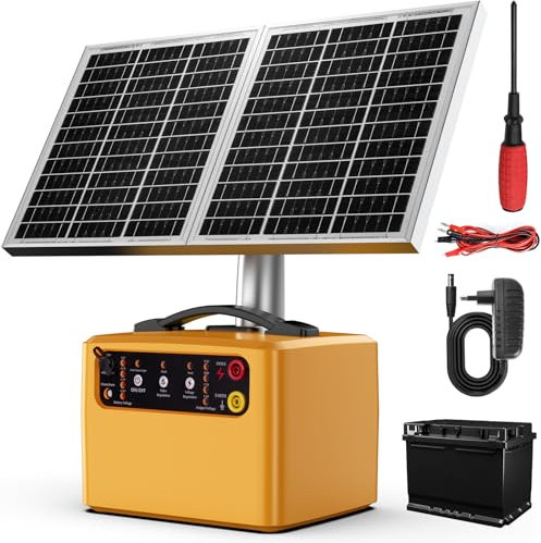 FarmNix Weidezaungerät SOLAR 12V, 0.3-1.5J, 6KV-12KV Einstellbar Elektrozaungerät für 2 bis 48 KM，inkl. 15W-Solarpanel, 12V 7Ah Blei-Akku & Erdungsset für große und kleine Tiere