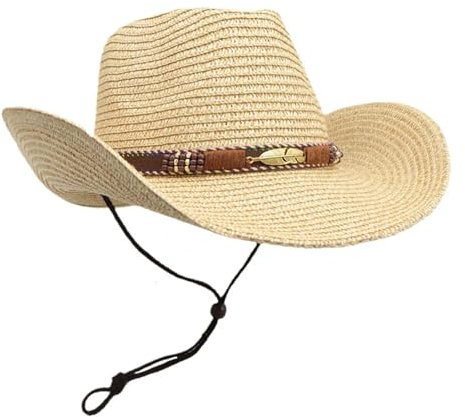 AHUFGN Cowboy Hat Summer Cowboy Top Hat Retro Style Sunshade Straw Hat(Beige)