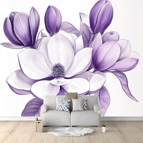 3D Photo Wall Mural Wallpaper 250 X 175 Cm Artistic Style Magnolia Flowers – Large Mural Stickers for Living Room, Bedroom, Corridor, Purple White – Wall Art Papel Mural Poster Decor