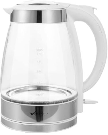 Vencier 1.7L Glass Electric Kettle – 2200W Fast Boil, Borosilicate Glass, BPA-Free, Auto Shut-Off & Boil-Dry Protection, Cordless with 360° Swivel Base, Push Button Lid, Black/White (White)