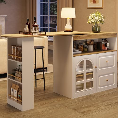Tavolo da bar moderno estensibile (138-204 x 39 x 104 cm), bar da pranzo girevole a 360°, tavolo da bar mobile, tavolo bistro isola cucina, con cassetti con ripiani, adatto per sala da pranzo