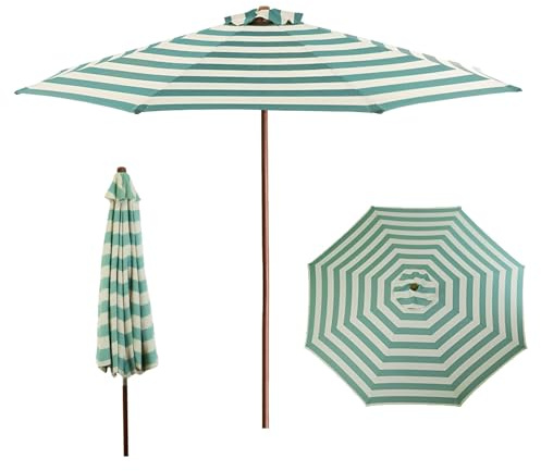 Parasol de Jardin Rayé Vert 270 cm, Parasol de Terrasse Extérieur, Portable Parasol de Marché for Balcon, Plage, UPF 50+, 8 Baleines Robustes