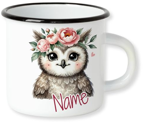 GRAZDesign Personalisierte Emaille Tasse Eule mit Namen mit Blumen für Mädchen Kinderbecher