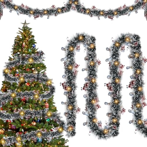 Weihnachtsgirlande 500CM, Girlande Weihnachten, Lametta Girlande Weihnachten, Weihnachtsdeko Lametta Weihnachtsbaum Girlanden mit Beleuchtung, LED Weihnachtsgirlanden für Innen Outdoor Weihnachtsbaum