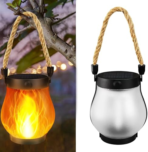 Farol solar de llama para exteriores, 1500 mAh, linternas al aire libre para jardín con efecto de llama, recargable, luces solares colgantes IPX4 para campamento, jardín, mesa exterior, patio, balcón