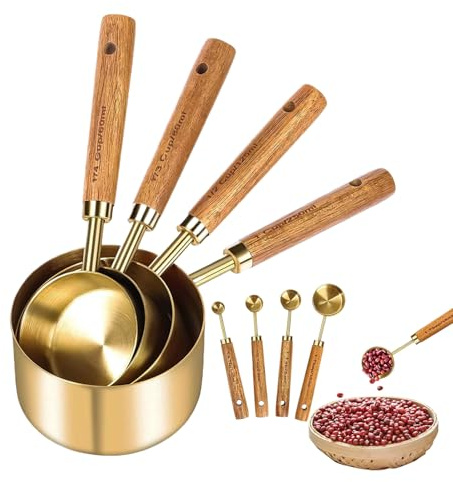 Juego de Cucharas y Tazas Medidoras,Cucharas Y Tazas Medidoras De Acero Inoxidable Con Mango De Madera Para Cocina - Conjunto De 8 Piezas Apilables Cuchara De Postre Cucharilla Para Utensilios De
