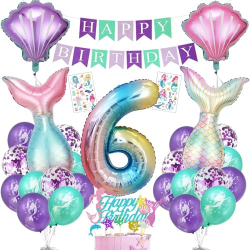 Meerjungfrau Geburtstag Deko 6 Jahre, Meerjungfrau Deko Kindergeburtstag, Geburtstagsdeko Mädchen 6 Jahre, Folienballon Meerjungfrauen 6 mit Happy Birthday Banner für Meerjungfrauen Party