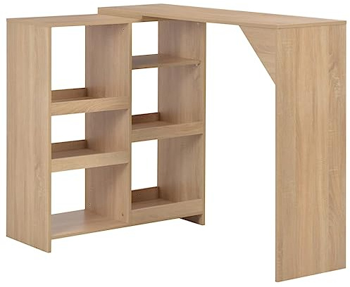 QUAHEAS Bartisch mit Beweglichem Regal, Eichenbraun, 138x39x110 cm, Schmaler Stehtisch für Küche Esszimmer, Platzsparender Holztisch mit Ablage, Modernes Design
