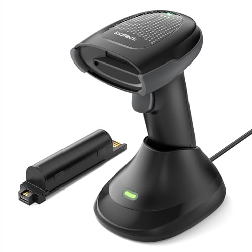 Inateck Streckkodsskanner trådlös 2D, QR-kodsskanner, trådlös, handskanner, två 2 000 mAh batterier, intelligent effektvisning, kompatibel med iOS/Android/Windows