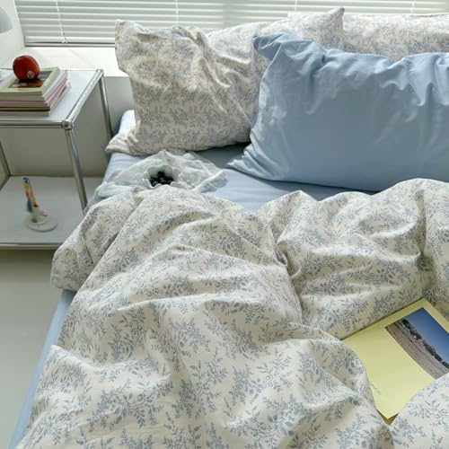 mixinni Blue Floral Duvet Cover Queen Size - 100% Cotton Soft Boho Comforter Cover with Zipper Closure 4 Ties, 3-Piece Vintage Aesthetic Botanical Bedding Set with 2 Pillowcases, All Season Bed Set