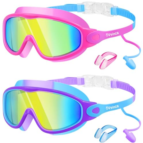Vvinca Schwimmbrille Kinder mit Nose Clips, Taucherbrille Kinder für 3-14 Jahre Jungen Mädchen, Weitwinkel Anti-Beschlag/UV Schutz Wasserdichte Swimming Goggles Kids