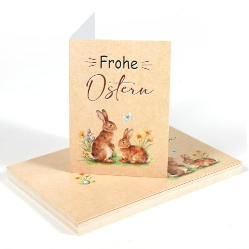 DPKOW 25 x Geschenkanhänger Frohe Ostern Karten Kleine, Kraftpapier Osterkarten Ostergrüße Mini Osterkarten zum Ostergeschenke Beschriften, A7 Klappkarten