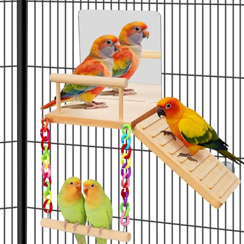ZooVibe Bird Perches Platform Swing with Bird Mirror Climbing Ladder Birds Toys Cage Accessories for Cockatiels, Lovebirds, Pacific Parrotlets,Chinchilla, Hamster Play Gym Exercise Stand (with Mirror)
