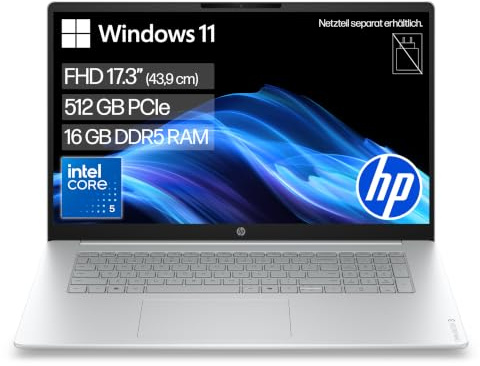 HP OmniBook 3 Laptop, 17,3 FHD, Intel Core 5, 16GB RAM, 512GB SSD | Robustes Notebook mit großem Display für produktives Lernen, Office und Streaming - ohne Ladegerät, QWERTZ, Glacier Silver