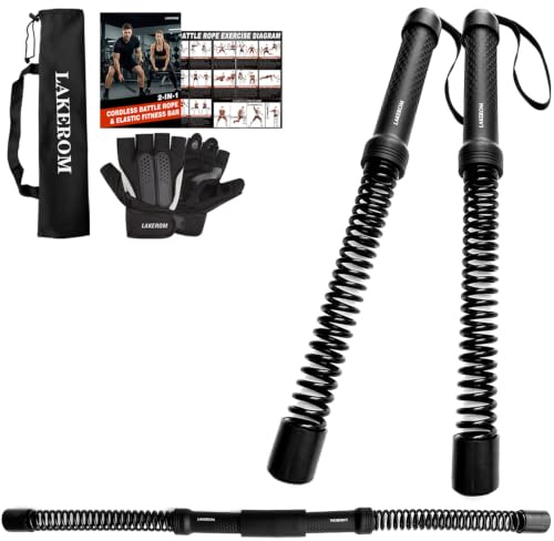 Ropeless battle ropes (2-in-1) Elatic Fitness Bar,Cordless battle ropes sticks with Exercise Guide,Portable Home Gym Equipment for HIIT,Strength Low-Impact Workouts For Men & Women Black