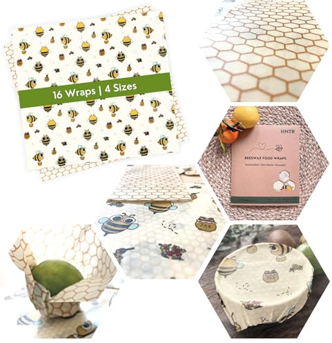 HNTR Beeswax Food Wrap – Set of 16 Beeswax Wraps | Natural Wax Wrap for Food Storage | Artisan Cheese Storage for Fridge | Reusable Sandwich Bag Alternative | Twin Pack