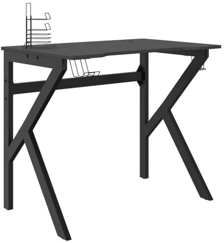 QJBSAVVA Escritorio para videojuegos (90 x 60 x 75 cm), color negro – Escritorio ergonómico para ordenador con estructura K de hierro – Mesa de gaming con soporte para vasos, soporte para auriculares