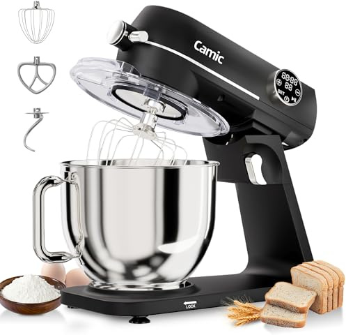 Camic Robot da cucina da 1800 W, impastatrice in metallo pieno con 10 livelli, touch screen digitale, timer, impastatrice con frusta, gancio impastatore e frusta per cuocere torte, biscotti e pane
