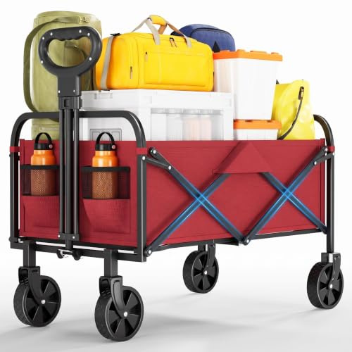 220L Folding Wagon Cart, 380lbs Heavy Duty Outdoor Trolley, Red | All-Terrain 360° Wheels, Telescopic Handle, 600D Oxford Fabric, 2 Cup Holders, Quick Fold Storage