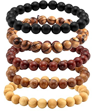 MILAKOO 5 Stück Holz Gebet Perlen Armband Mala Perlen Armbänder für Männer Frauen 8mm