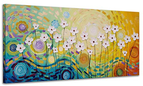 Yihui Arts Hand Painted Textured Floral Oil Painting on Canvas, Vibrant Abstract White Flower Wall Art with Colorful Swirls, Modern Home Decor for Living Room Bedroom